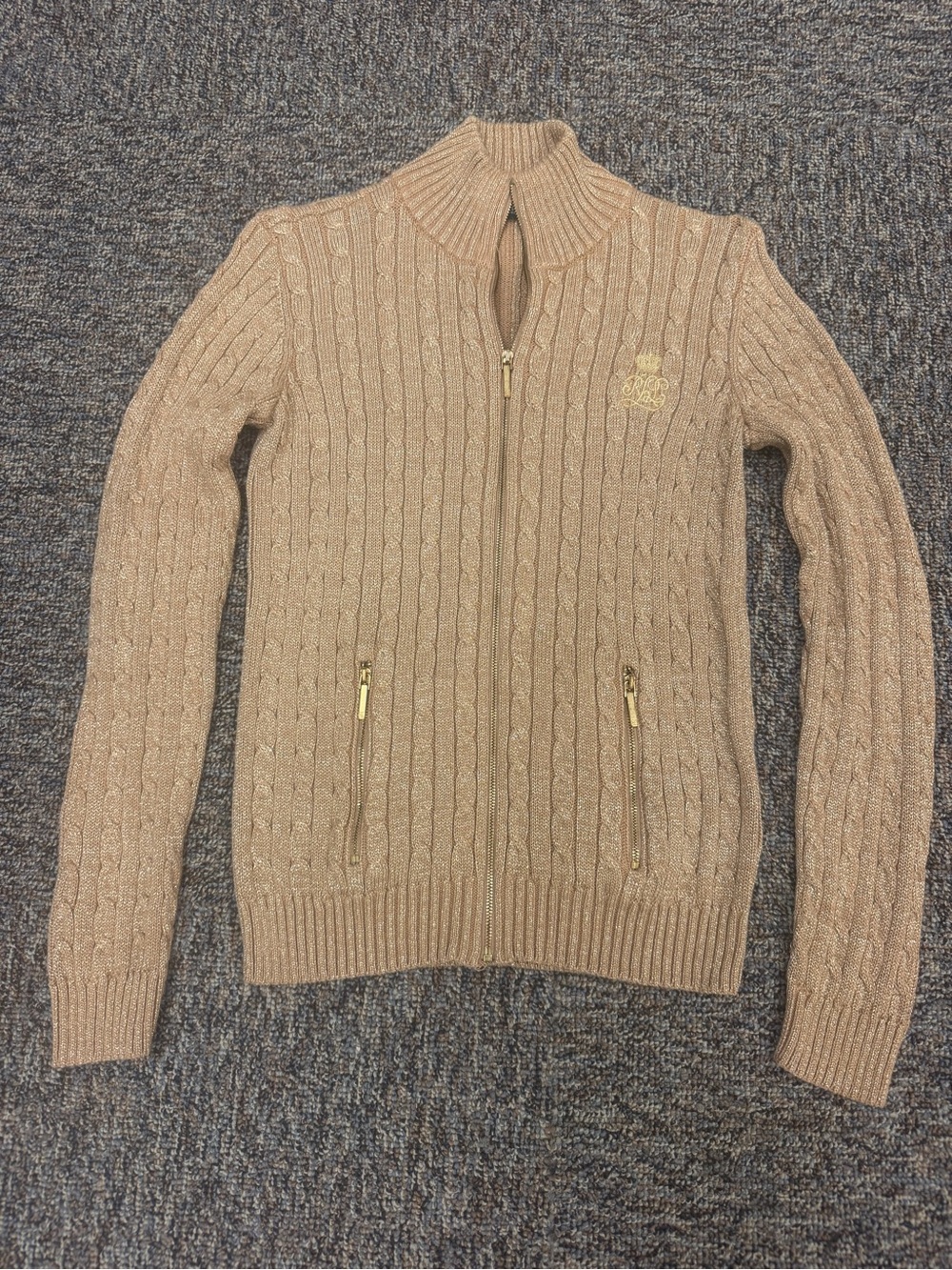 Lauren Ralph Lauren Tan Cable-Knit Zip Cardigan with Pockets Mock Neck Small